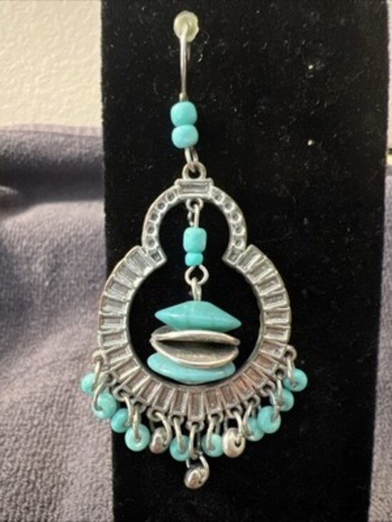 Behemian Style Silver Toned Hoop And Dangle Turquoise And Beads Earrings - Picture 2 of 5